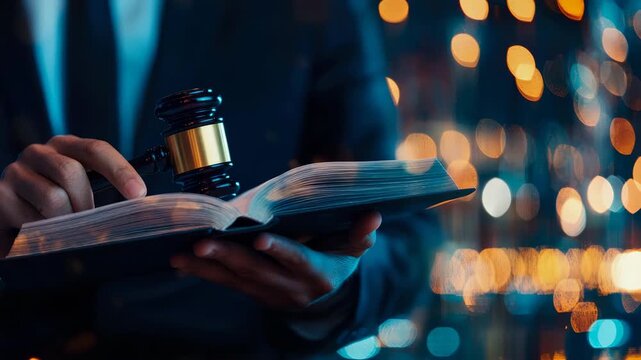 Legal Authority Represented by Gavel Resting on Open Statute Book with Nighttime Urban Light Blur