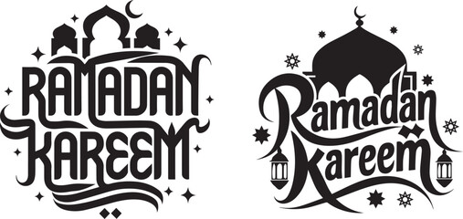 Ramadan kareem islamic calligraphy typography vector with lanterns crescent moon and mosque silhouette © noorskills
