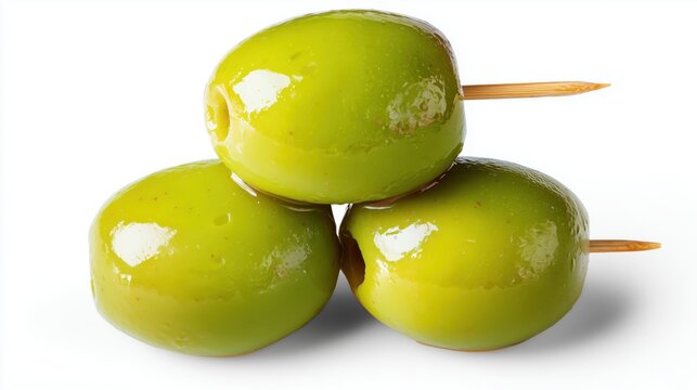 Green olives on toothpick isolated on white background