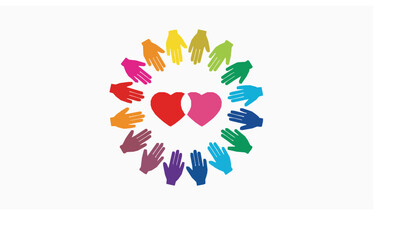 Obraz premium Community care concept vector with colorful hands and hearts in flat design