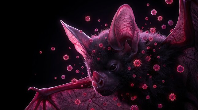 Bat surrounded by glowing viruses, representing zoonotic diseases, virus transmission, pandemic origins and medical research for infectious illness outbreaks.