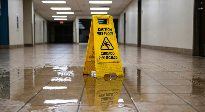 Yellow Caution Wet Floor Safety Sign Standing in Empty Hallway