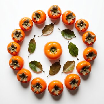 Fresh kaki persimmon fruits on white. Top view