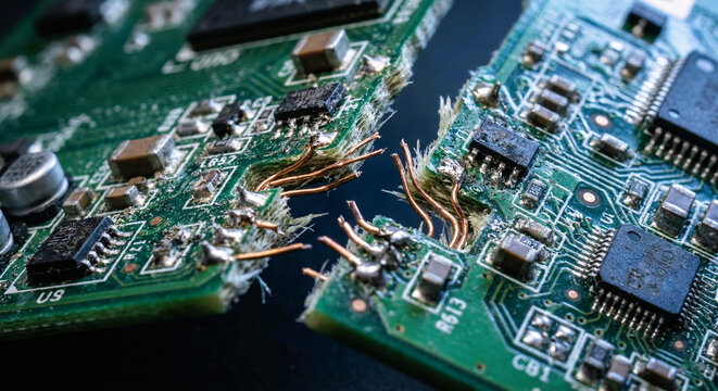 Broken Electronic Circuit Board Snapped in Half Concept