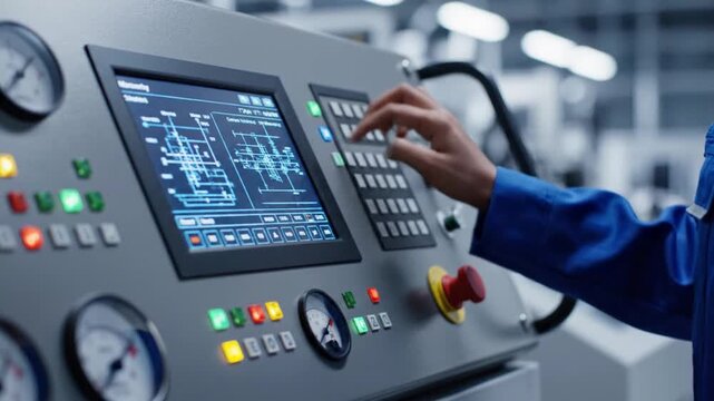 A close-up shot of a worker, dressed in a blue uniform, expertly operating a sophisticated control panel. Their hand presses illuminated buttons on the grey interface, which features multiple analog g