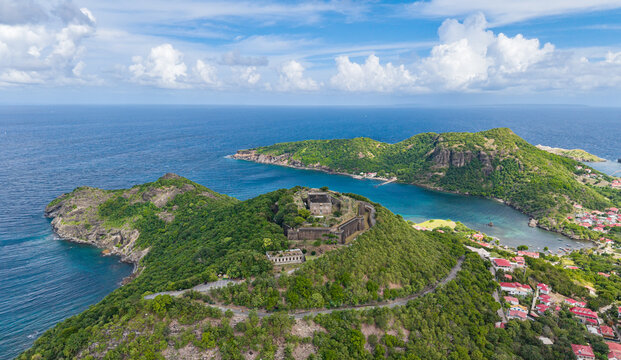 Aerial overview of Fort Napoleon at Islands Les Saintes (Caribbean island Guadeloupe)