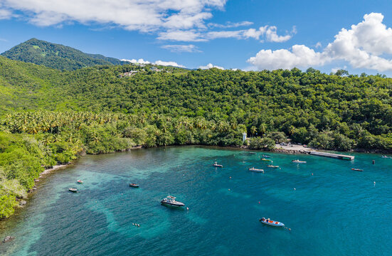 Aerial panoramic view of Plage de l&rsquo;Anse a la Barque - beach at west coast of Caribbean island Guadeloupe