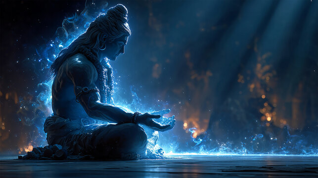 Statue of Lord Shiva in a meditative pose with divine light falling from above - ai generative