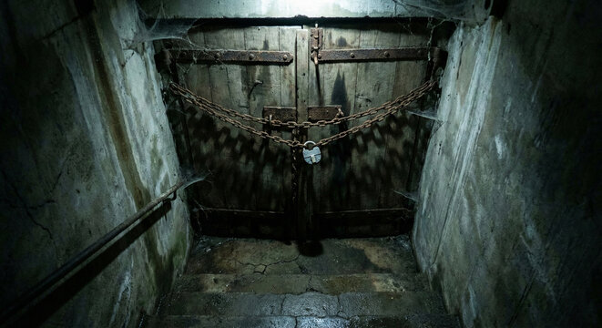 Rusty Chains and Padlock Locking Old Wooden Basement Doors
