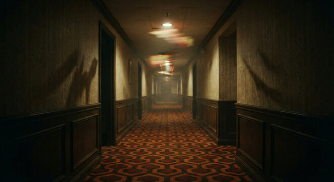 Ghostly Spirits Floating in Long Hotel Corridor Hallway