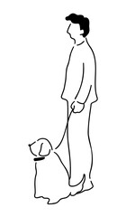 犬と散歩中の男性の線画イラスト