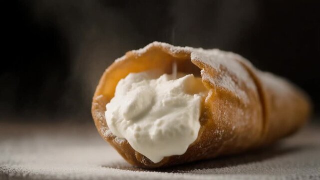 Crisp cannoli shell macro with ricotta cream filling spreading inside, 4K loop