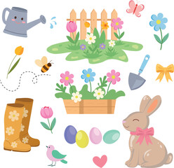 Cute Spring Set with Flowers, Easter Elements in Flat Style