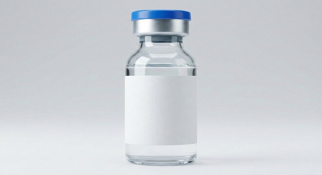 Glass Vaccine Vial with Blank White Label on White Background
