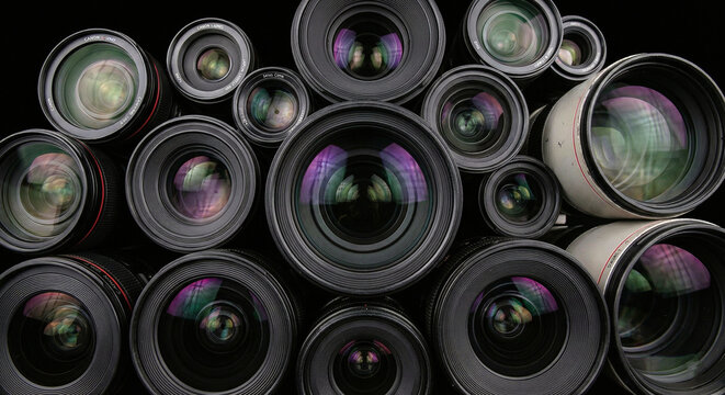 Collection of Professional Camera Lenses on Black Background