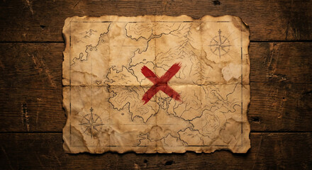 Old Vintage Treasure Map with Red X Mark on Wooden Table © sxcd
