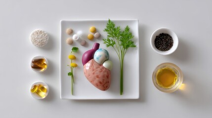 Colorful Arrangement of Ingredients on White Plate Featuring Healthy Foods and Natural Elements