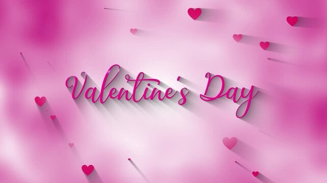Elegant pink "Valentine's Day" cursive text animation featuring drop shadows and floating hearts on a soft, dreamy cloud-like background, perfect for romantic projects and holiday greetings.