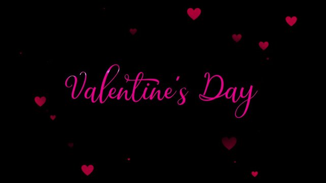 Elegant pink cursive typography spelling "Valentine's Day" against a black background, adorned with scattered red and pink floating hearts for a romantic and festive celebration design.