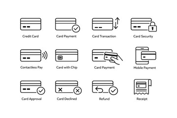 Credit card and payment icon set with contactless, chip, mobile options