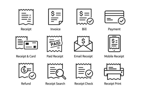 Invoice and receipt icon set featuring payment and email symbols
