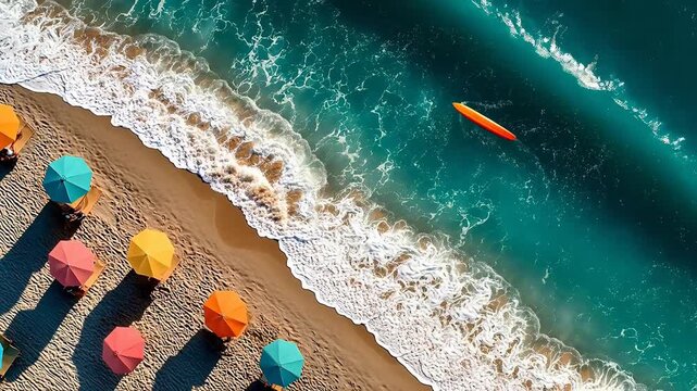 Sandy beach dotted with colorful umbrellas in teal, yellow, pink and orange features a surfboard and turquoise ocean waves crashing gently.