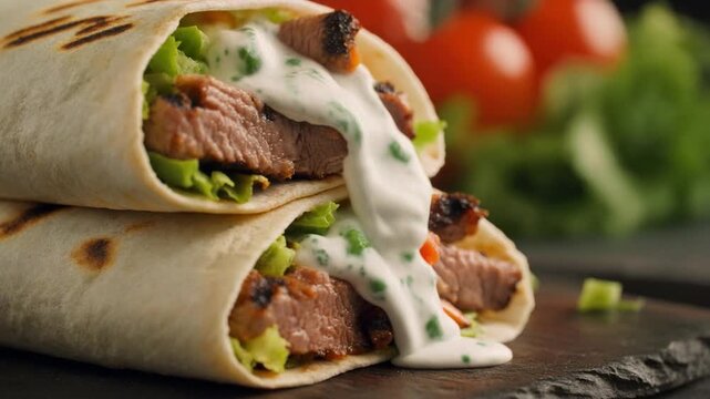 Gyro wrap close-up with tzatziki dripping slowly and grilled meat texture, 4K loop