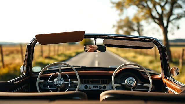 Vintage car interior view with blurred countryside scenery through the windshield.