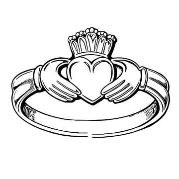 Vintage ring with heart symbol held by hands and crown design  