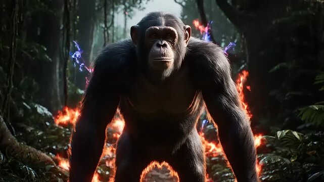 Gorilla Surrounded by Fire in Forest Scene.