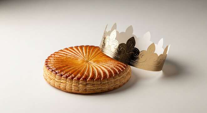 Cake Galette des Rois with decorative crown on neutral background  
