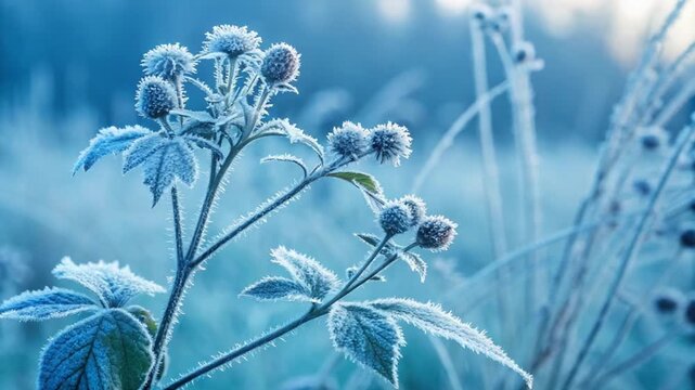 frozen burdock flower plant at winter slow wind video 