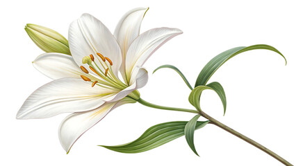 Elegant white lily flower with delicate petals and vibrant green leaves isolated on transparent background transparent background