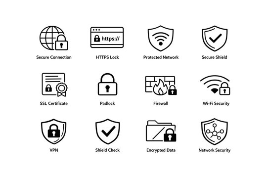 Secure connection icons: ssl, https, firewall, vpn, shield, network security symbols