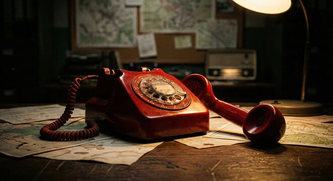 Red Rotary Telephone on Detective Desk with Maps