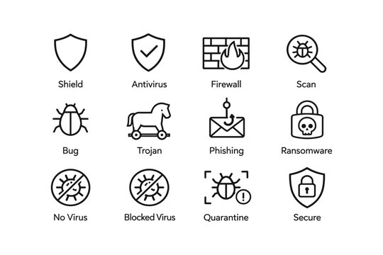 Cybersecurity icons for antivirus, firewall, malware protection, and secure data