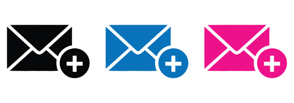 New email icon set black, blue, pink envelope with plus sign