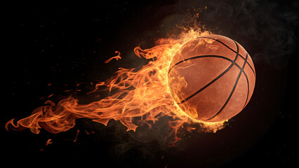 Fiery basketball engulfed in flames with intense heat and sparks flying around creating a dramatic sports action scene transparent background