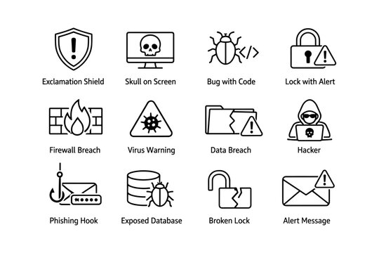Cybersecurity icons illustrating data breach and online threats