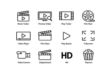 Icon set depicting movie exploration with camera, clapperboard, and film elements