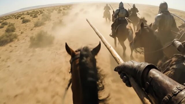 Epic first person view of cavalry charging through a vast desert