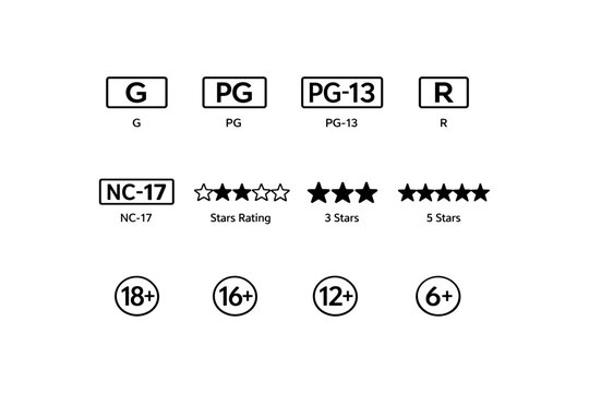 Film and game rating symbols: g, pg, pg-13, r, nc-17, star ratings, age restrictions
