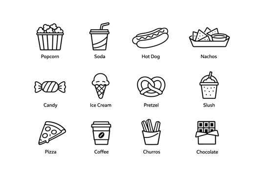 Icon set of popular snacks and beverages: popcorn, soda, hot dog, nachos, candy, ice cream, pretzel, slush, pizza, coffee, churros, chocolate