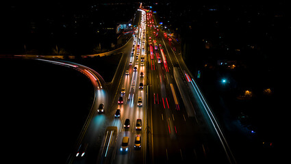 Nighttime highway scene with cars lights streaking across lanes creating vibrant trails against dark sky transparent background