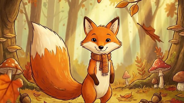 A cartoon fox stands in a forest surrounded by autumn leaves and mushrooms