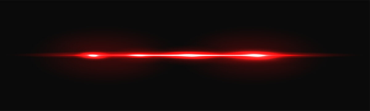Red laser beam with neon glowing light and speed flare for tech digital background. Bright energy ray with shine effect in dark space. Abstract horizontal isolated vector line overlay