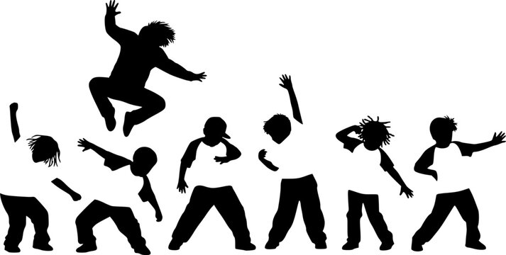 Children dancing street dance silhouette vector illustration. Hip hop, break dance, juzz funk, rap, freestyle