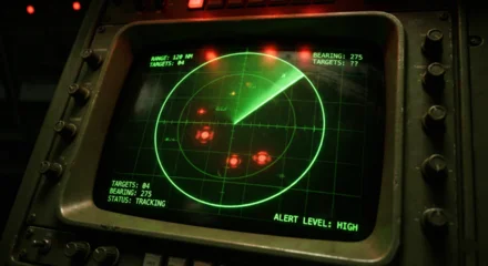 Fototapeten Schiff Green Military Radar Screen Displaying Targets and Sweep  © sxcd