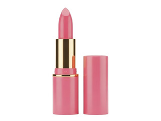 Pink lipstick with gold accent and cap, isolated on transparent background