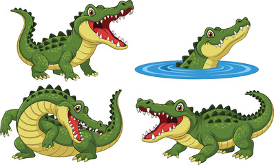 Obraz premium Cute cartoon crocodile character set in different poses with water, funny wild reptile illustration collection